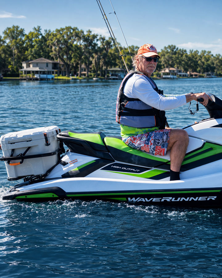 Rider on Yamaha WaveRunner with GateOr rack and cooler