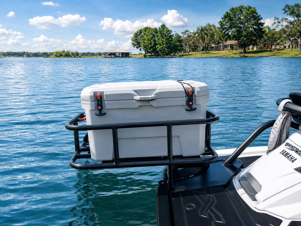 GateOr cooler rack loaded with cooler on jet ski