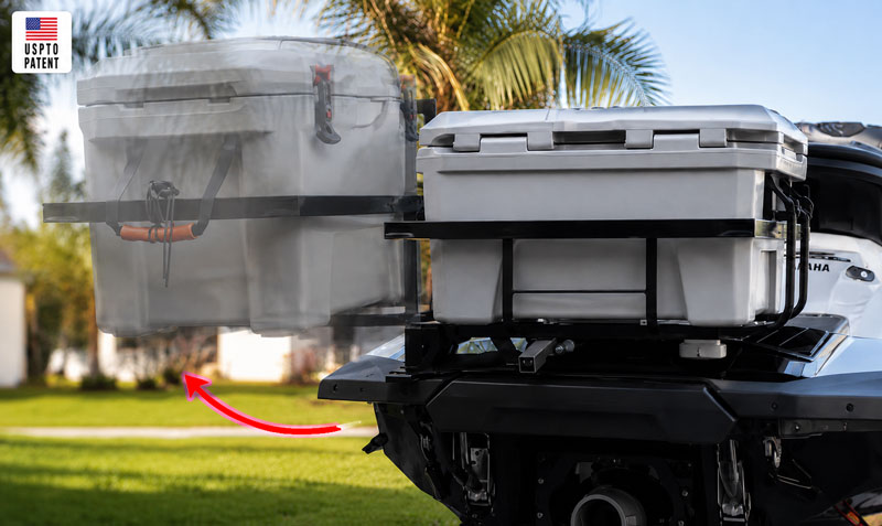 GateOr swing-out jet ski rack shown opening with ghosted closed position and movement arrow