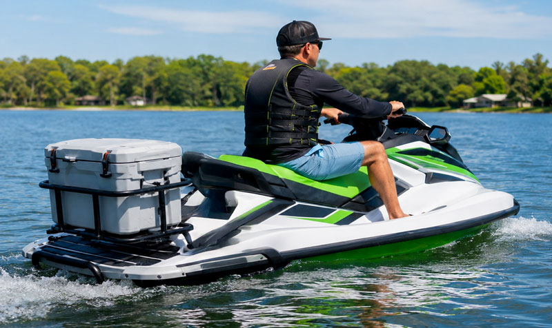 Rider on Yamaha WaveRunner facing left with GateOr Rack and cooler mounted