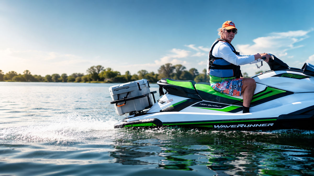 Rider on Yamaha WaveRunner FX High Output with GateOr cooler rack, riding on open lake water