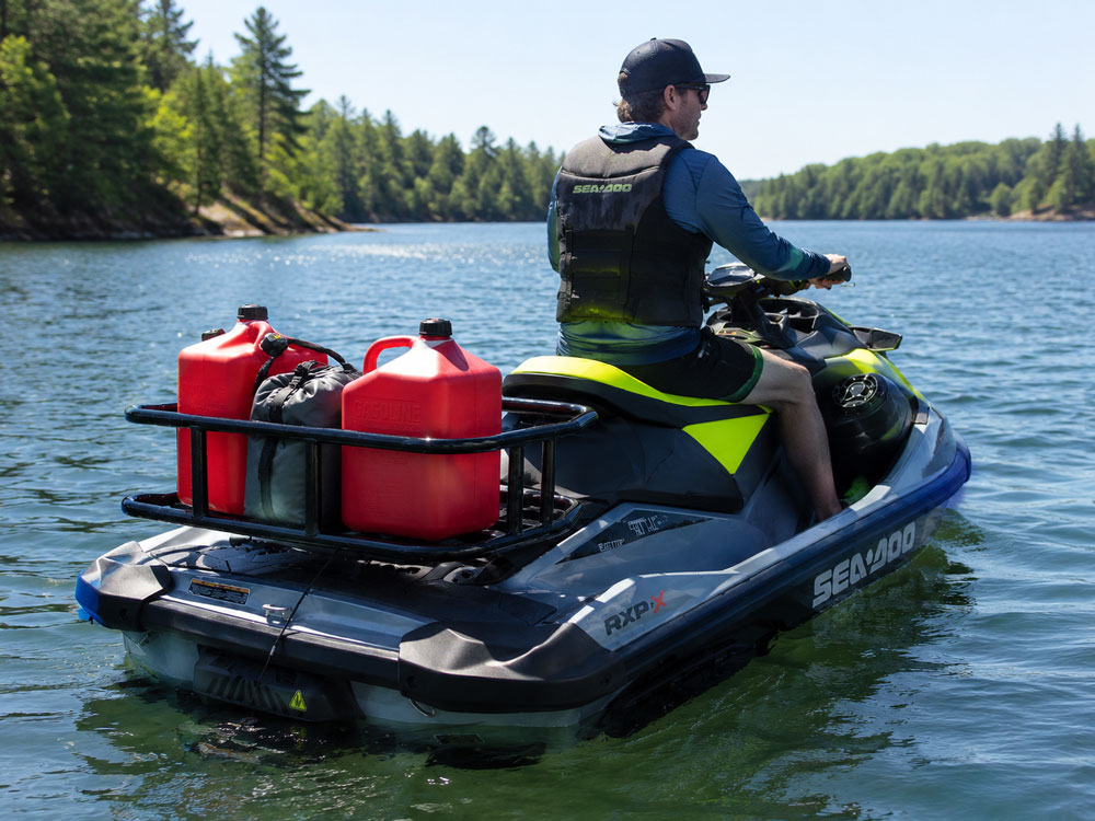 Sea-Doo RXP-X jet ski with GateOr rack loaded with fuel cans and dry bag for an expedition