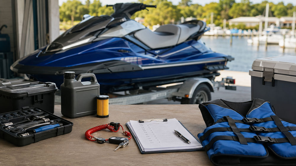 Jet ski on trailer with tools, life jacket, and safety gear laid out — representing the full cost of jet ski ownership